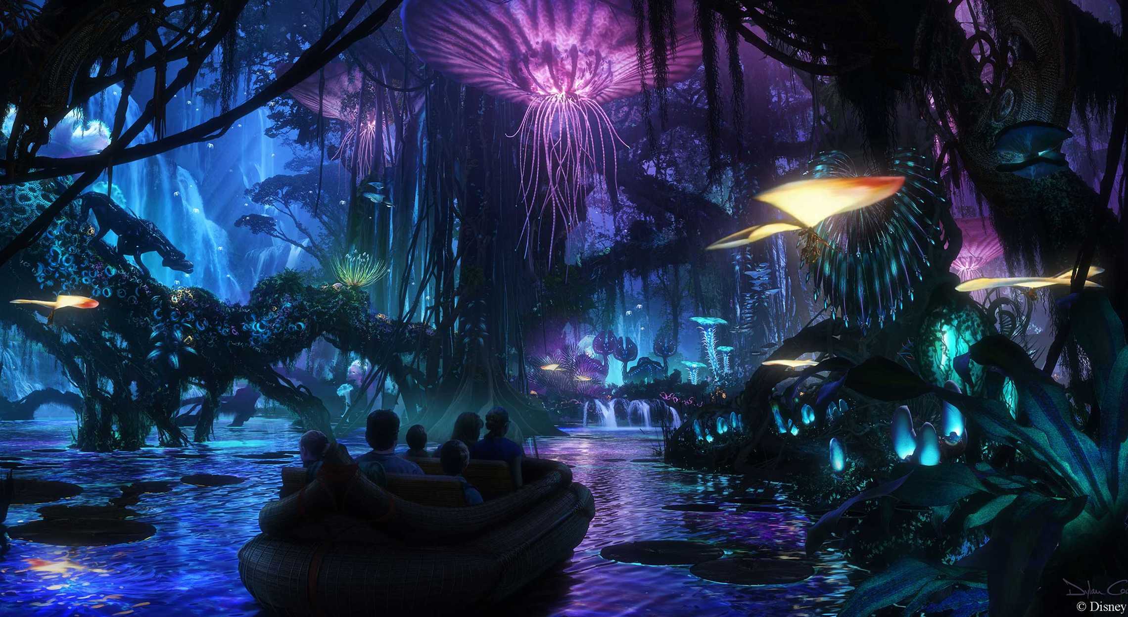 An animated adaptation of guests on a raft through Na'vi River Journey at Pandora - World of Avatar at Disney's Animal Kingdom Theme Park.