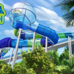 A daytime ground shot of the all-new Ray Rush slide at Aquatica Orlando.