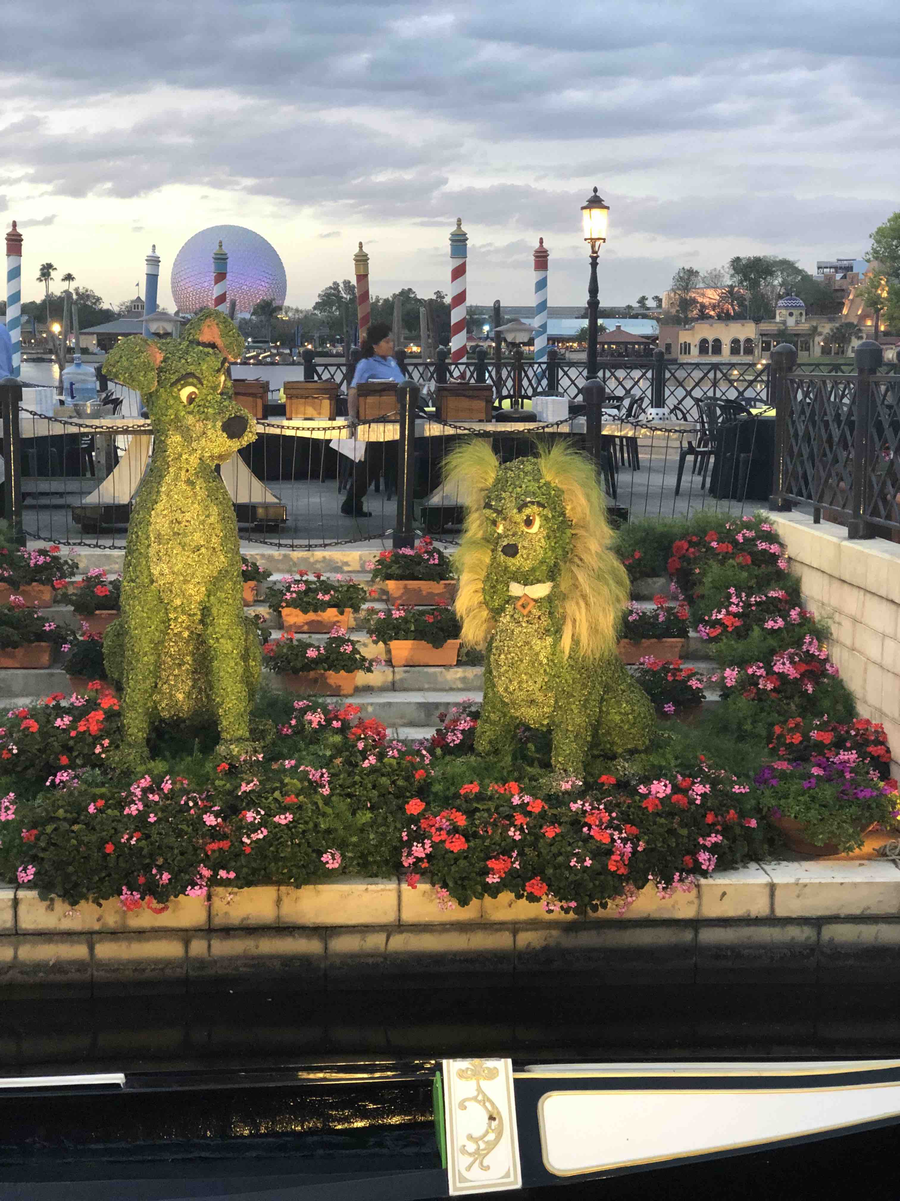 At Epcot International Flower & Garden Festival, Lady and the Tramp shrubs with Lady (right) looking up at Tramp (left) with her eyes as he looks back down at her. Surrounded by pink and red flowers during the daytime with the infamous Epcot ball in the distance.