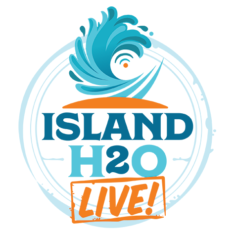 circular logo featuring wave on top saying "Island H2O Live!", colors are various sea blues and orange. 