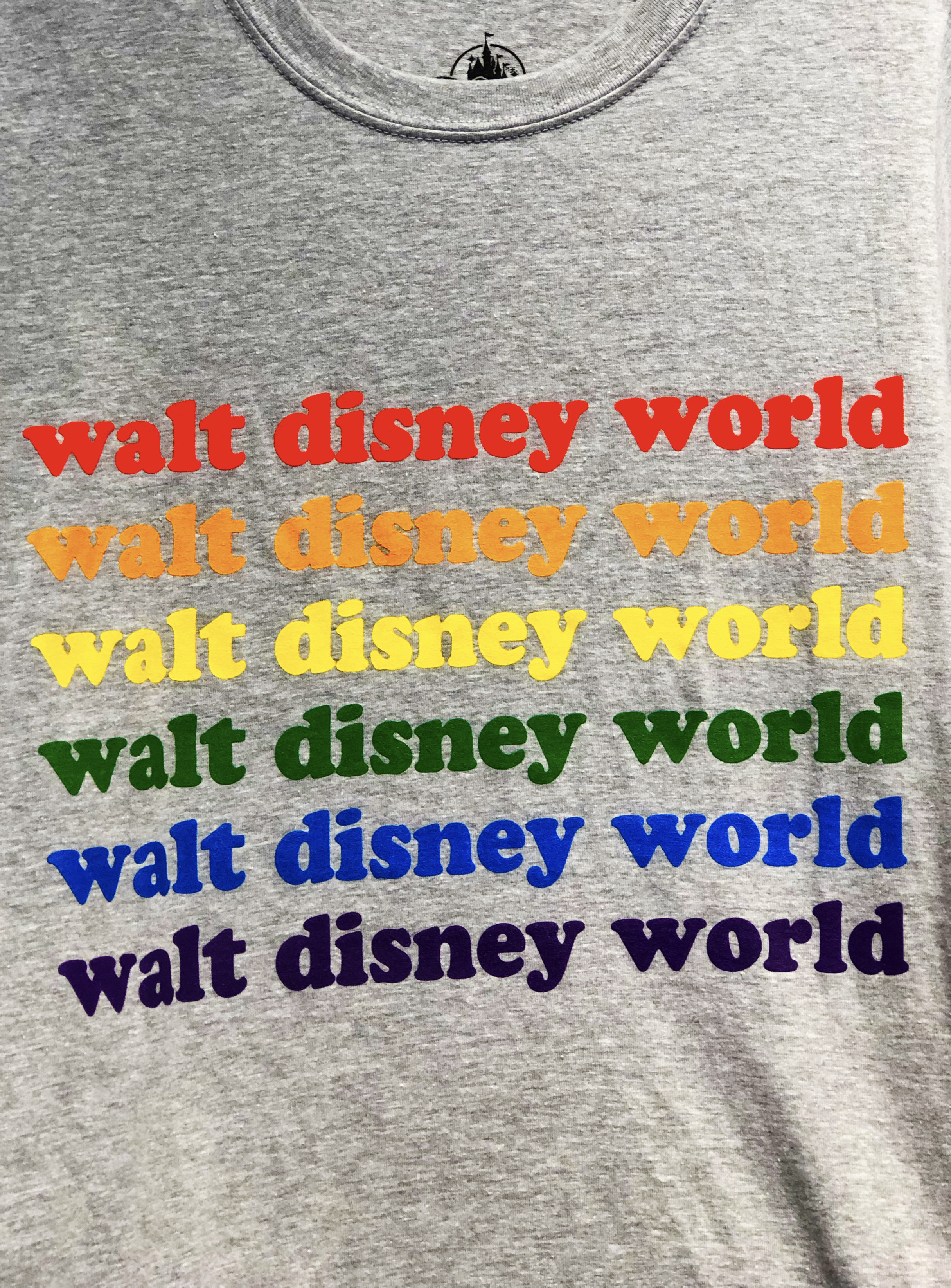 Cropped zoom-in of a gray Disney-tee that repeats "Walt Disney World" six times going down the shirt in a different color for each line (in order from top to bottom, red, orange, yellow, green, blue, purple).