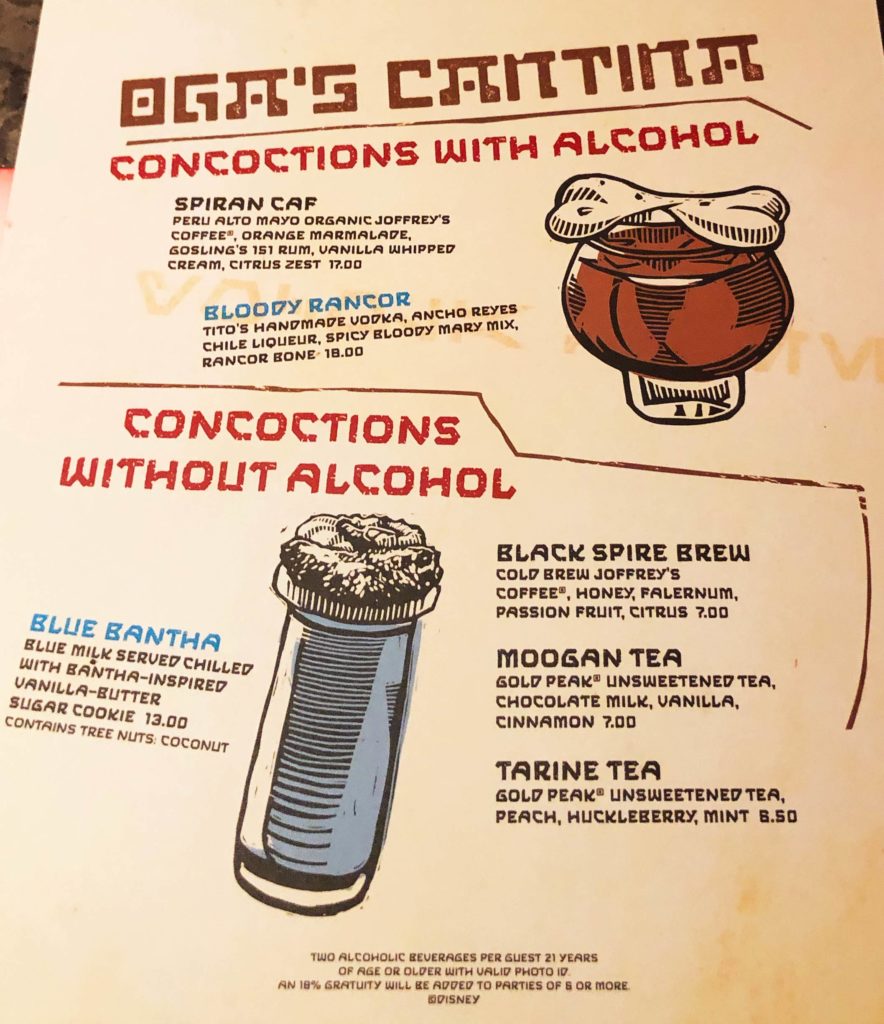 Oga's Cantina menu featuring "Concoctions with Alcohol", and "Concoctions without Alcohol" following lists of corresponding menu items. Star Wars: Galaxy's Edge at Disney's Hollywood Studios®. Lake Buena Vista, Florida.