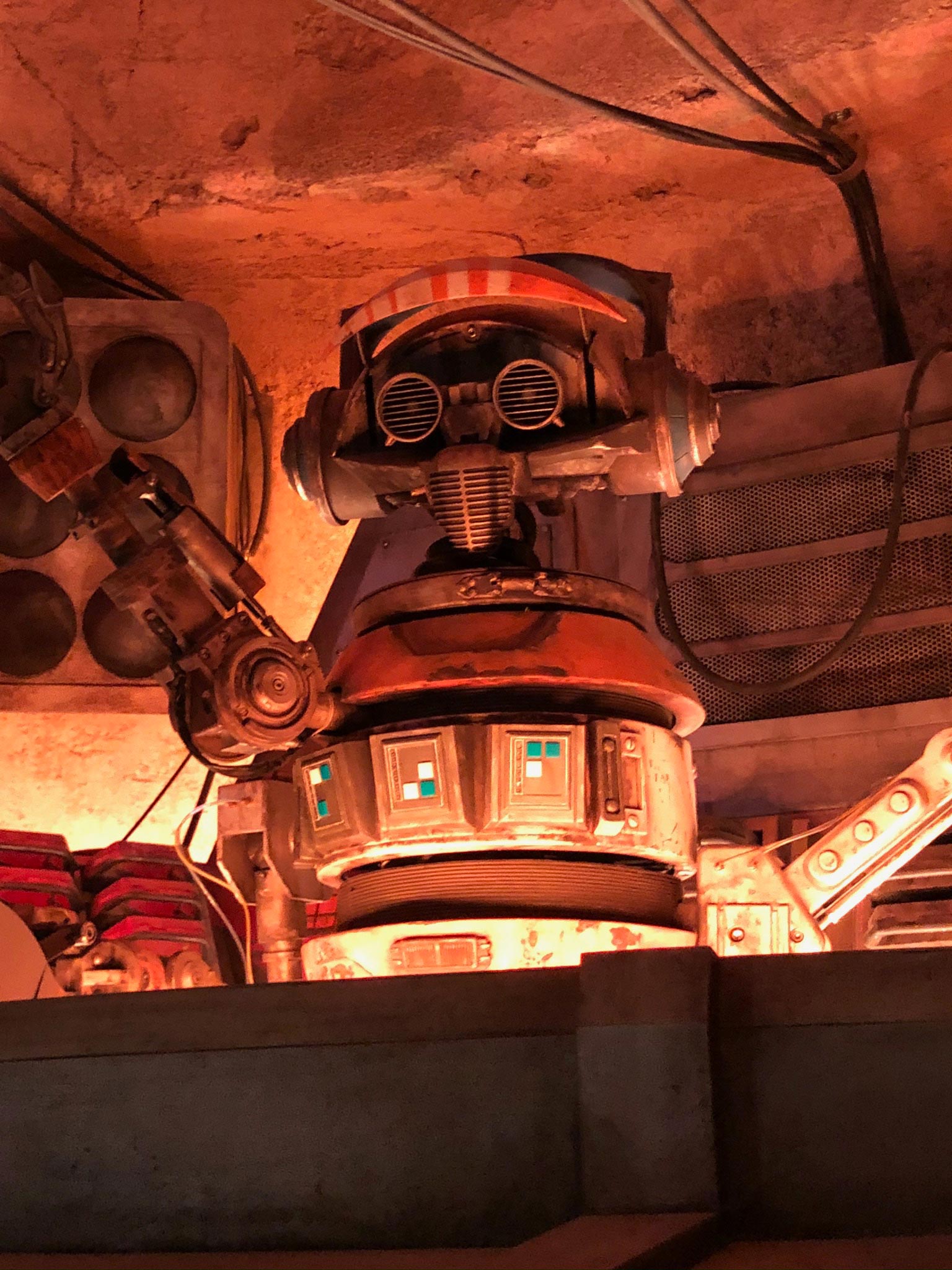 Small robot sitting on high shelf lit with orange-red lighting from underneath at Oga's Cantina. Star Wars: Galaxy's Edge at Disney's Hollywood Studios®. Lake Buena Vista, Florida.