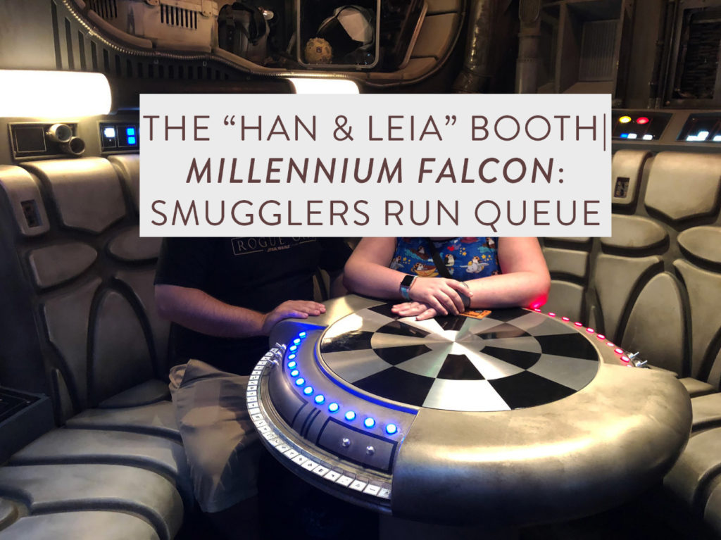 Two guests (faces covered with boxed text) sitting at Han & Leia Booth inside of the queue for Millennium Falcon: Smugglers Run. Star Wars: Galaxy's Edge in Disney's Hollywood Studios, Lake Buena Vista, Florida.