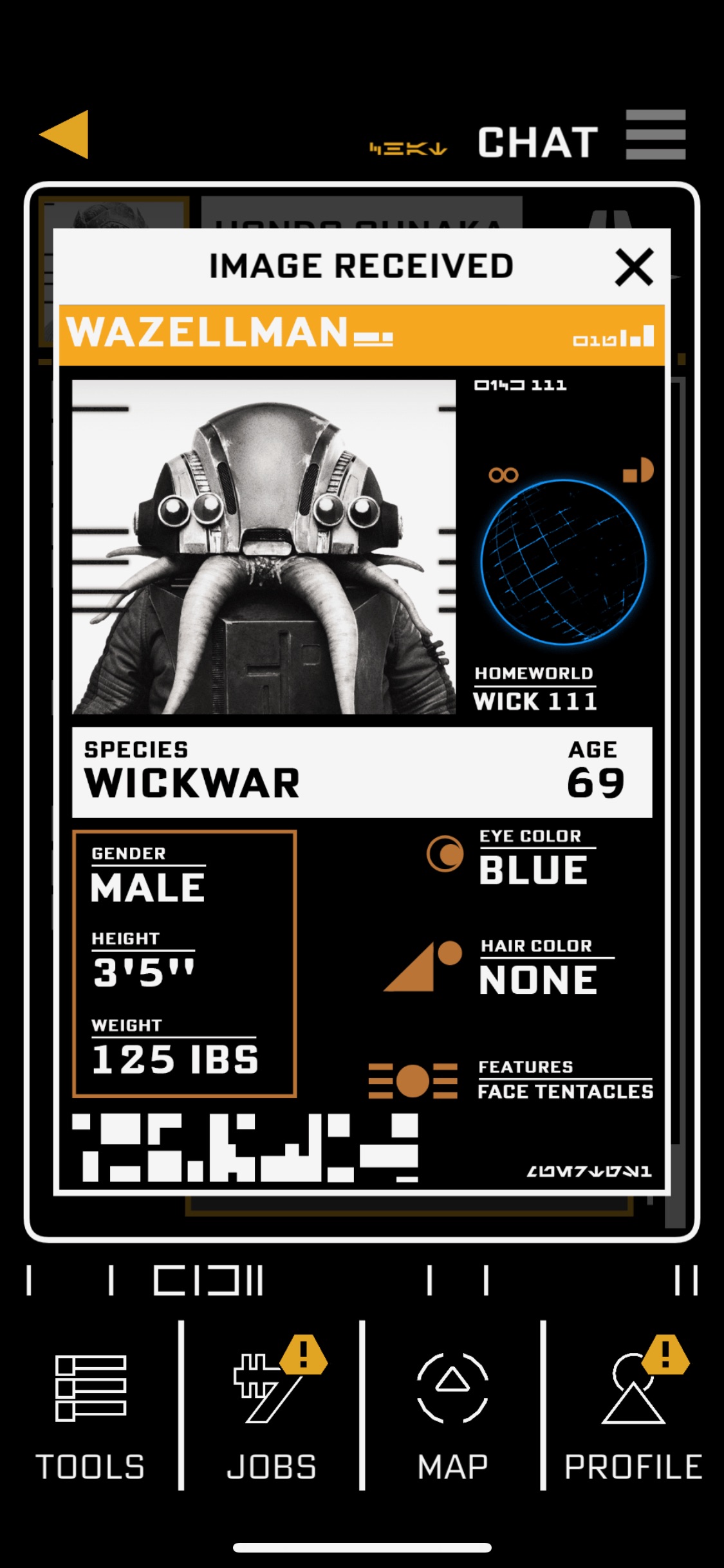 Screenshot of Star Wars: Galaxy's Edge app game featuring photo of Wickwar species with information about him underneath.