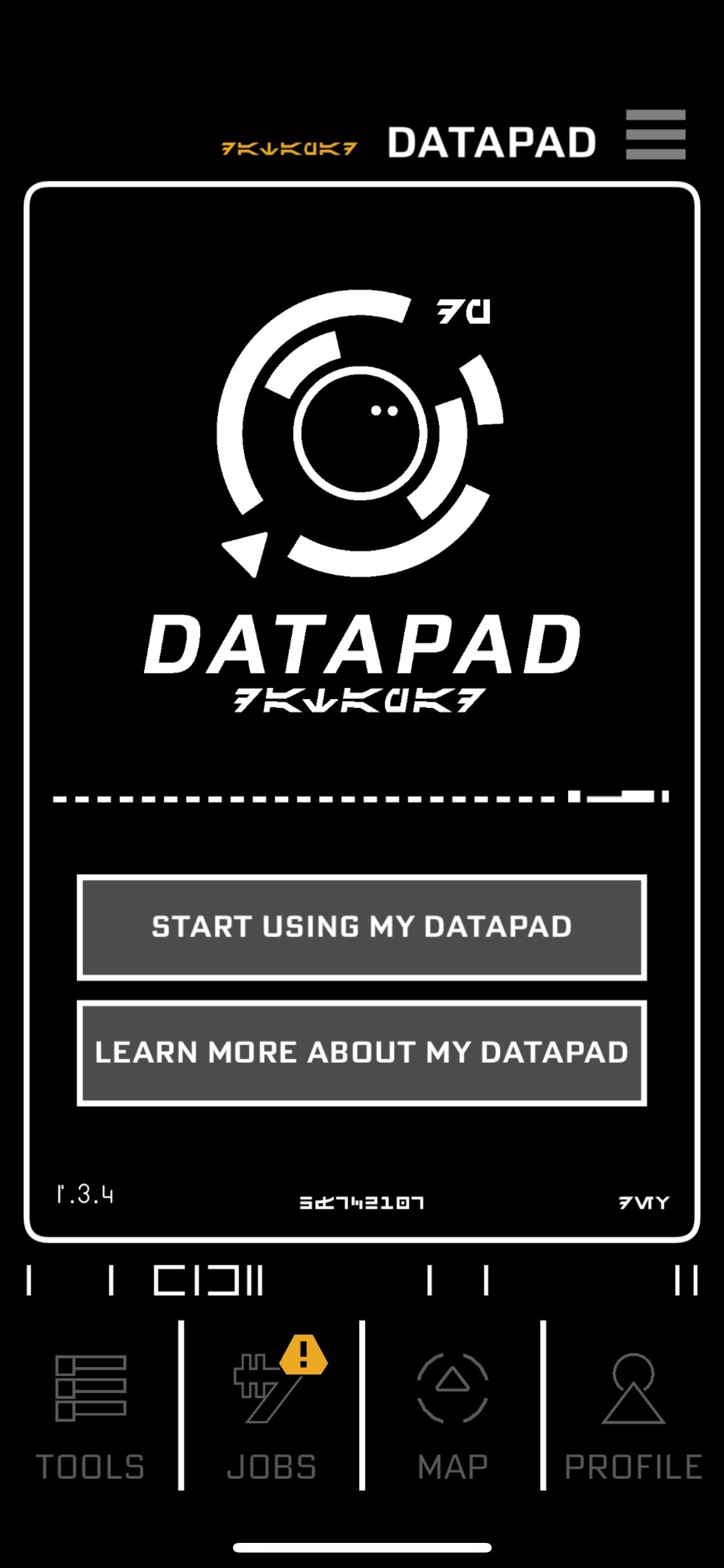 Screenshot of Star Wars: Galaxy's Edge app game with text that reads "Datapad" with options to click underneath.