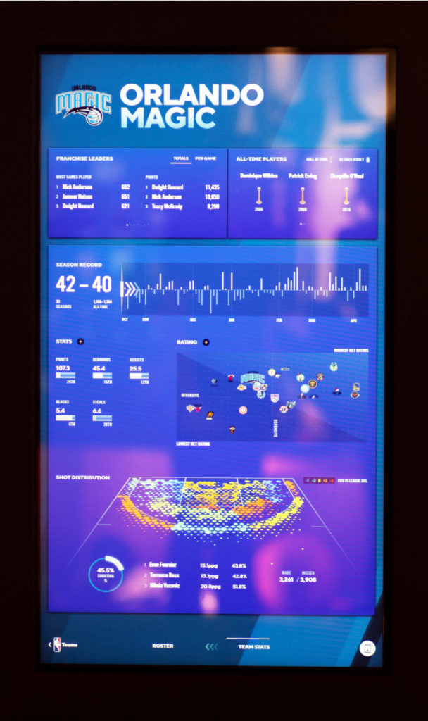 Touch screen featuring season play statistics from Orlando Magic basketball team in the Players room at NBA Experience. Disney Springs® (Lake Buena Vista, Florida).