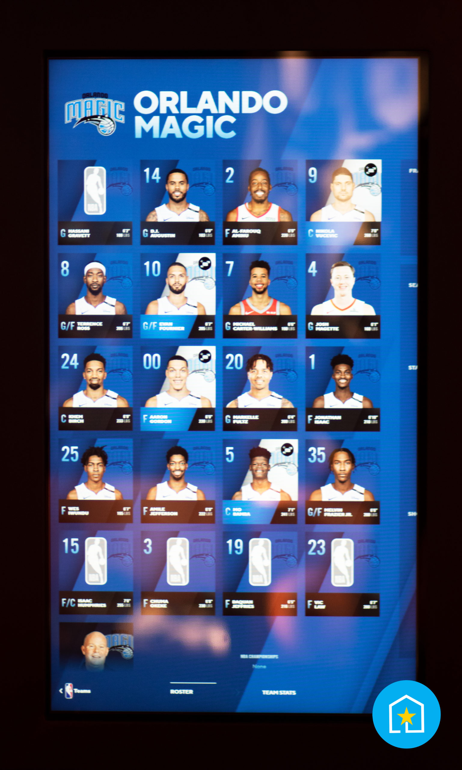 Touch screen of Orlando Magic basketball players in the Players room of NBA Experience at Disney Springs® (Lake Buena Vista, Florida).