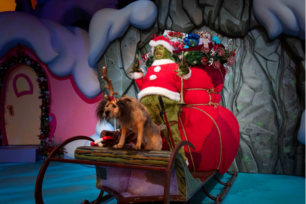 The Grinch and his dog dressed up for Christmas (Grinch as Santa Claus) on a sleigh in a room at Seuss Landing in Universal Islands of Adventure, Orlando, Florida.
