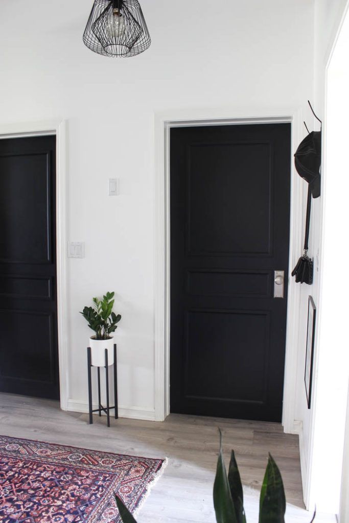 Black painted doors in a white room