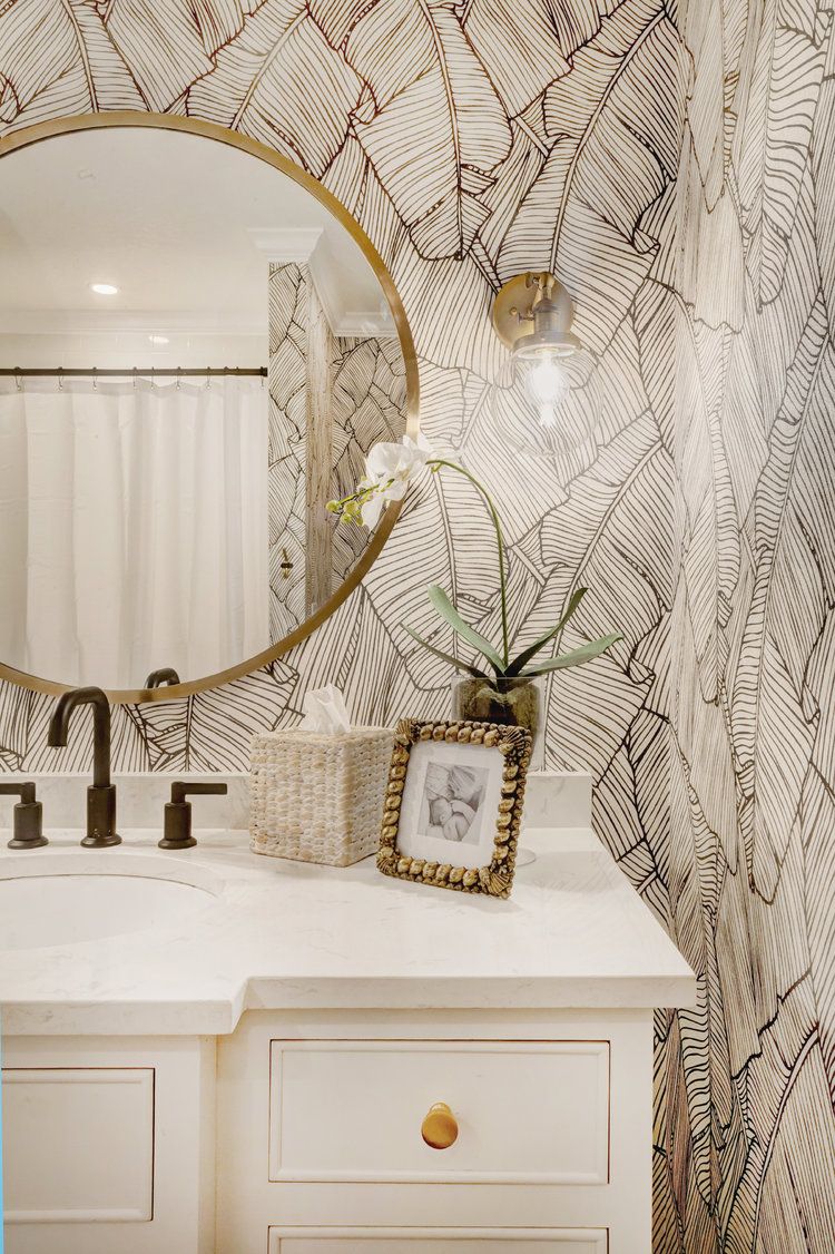 Golden bathroom with gold-leaf wallpaper