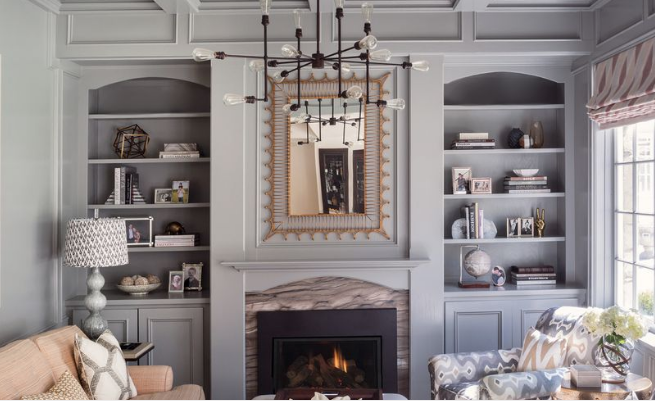 Gray ceilings and gray walls in a living room with fireplace