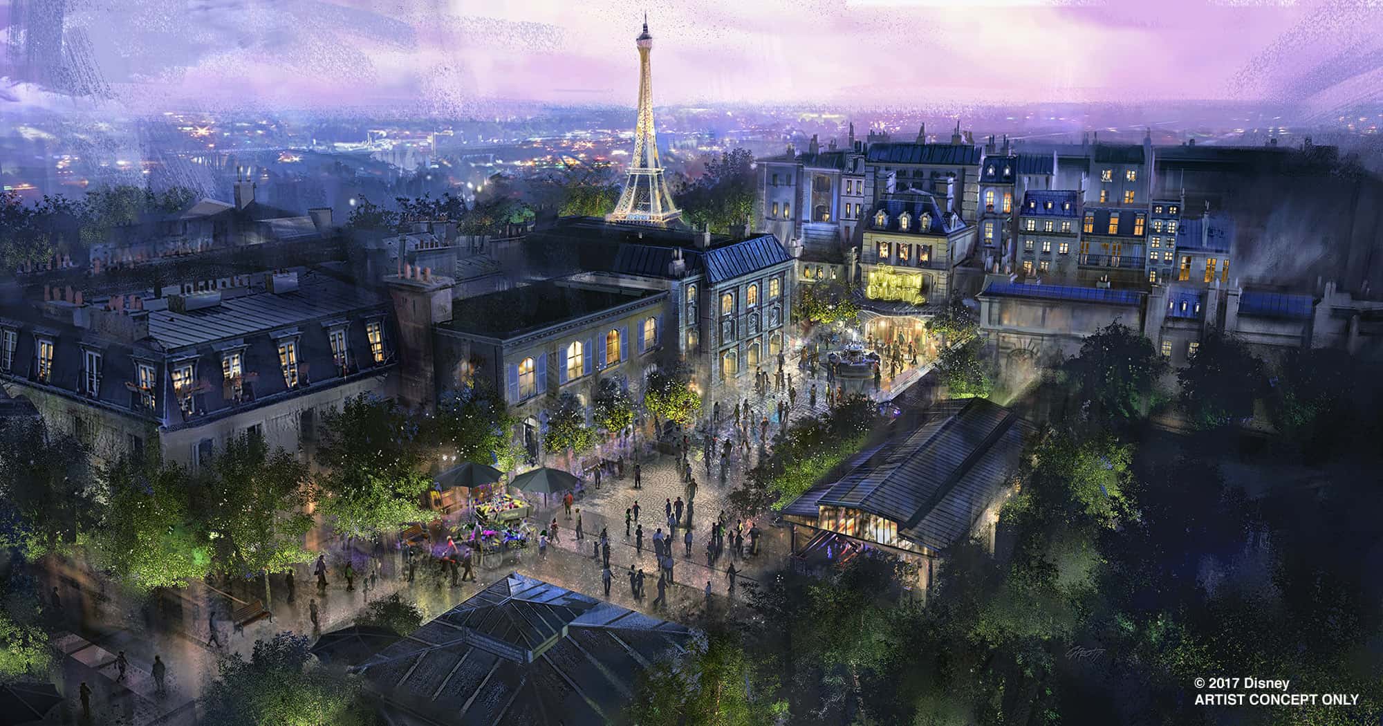 Artist rendition of a purple sunset sky view over Paris featuring a view of the Eiffel Tower in the distance for Remy's Ratatouille Adventure in Epcot®, opening in 2020.