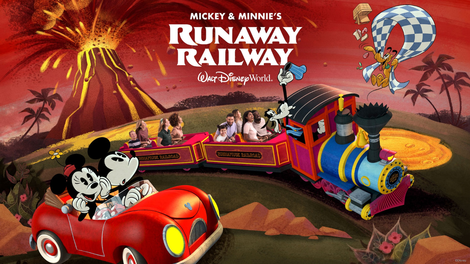 Artist rendition of Mickey & Minnie's Runaway Railway at Disney's Hollywood Studios®, Walt Disney World Resort®. Mickey and Minnie in a red runaway car as a red runaway train rides beside them with passengers. Volcano in background.