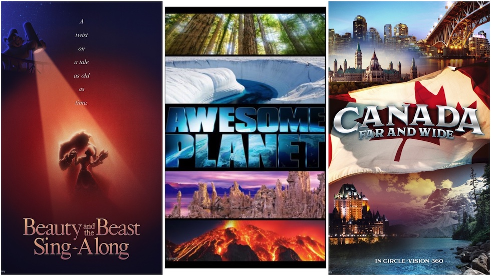 Three posters promoting new shows in Epcot®. Left to right, Beauty & the Beast Sing Along, middle, Awesome Planet, Right, Canada Far and Wide in Circle Vision 3D.