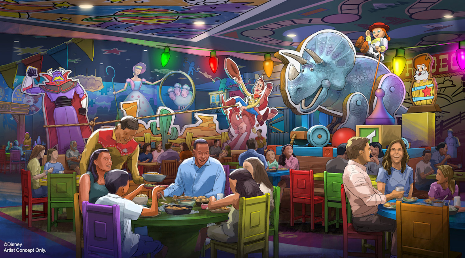 Artist concept of Roundup Rodeo BBQ Restaurant interior featuring the characters of Toy Story and guests sitting at restaurant tables for Toy Story Land inside of Disney's Hollywood Studios®, Lake Buena Vista, Florida.
