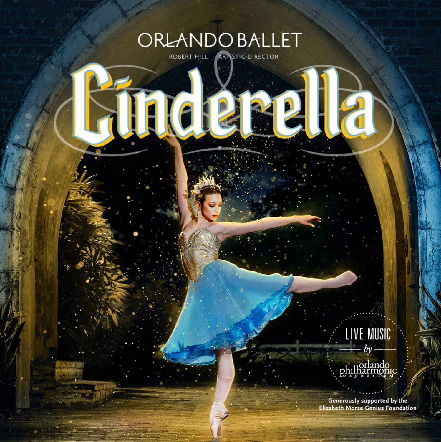 Promotional image of Orlando Ballet's "Cinderella" performance with female ballet dancer wearing gold and blue Cinderella dress posing for the photo.