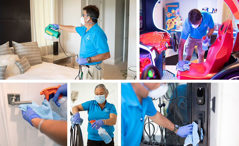 Five-Photo compilation of male and female Magical Vacation Homes staff cleaning RVh_385, Reunion Castle, in Reunion Resort while wearing face masks and gloves and using various cleaning equipment.