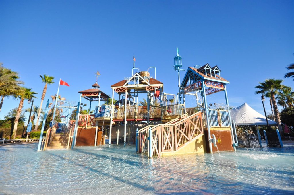 Daytime shot of splash pad area at Reunion Resort Water Park. Orlando, Florida.