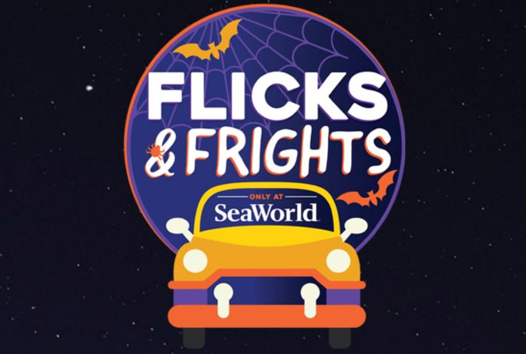 Illustrated graphic of "Flicks & Frights only at SeaWorld" for SeaWorld Orlando. Illustration showcases a nighttime sky background with an orange car facing forward. Text reading "Flicks & Frights" with spiderwebs, spiders, and bats. Car is orange. Background with web is purple. Orlando, Florida. 2020.