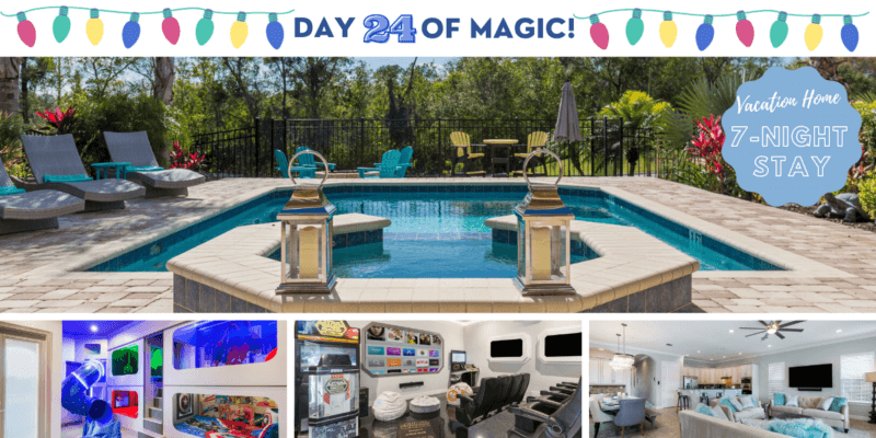 "Day 24 of Magic" graphic created by Inside the Magic. Graphic features photos of pool, kids bedroom, theater, and living space from Designed for Vacation | RVH_320M. Baby blue emblem on top right reads "Vacation Home 7-Night Stay". Magical Vacation Homes. Part of the "25 Days of Magic" giveaway. Holiday season 2020.